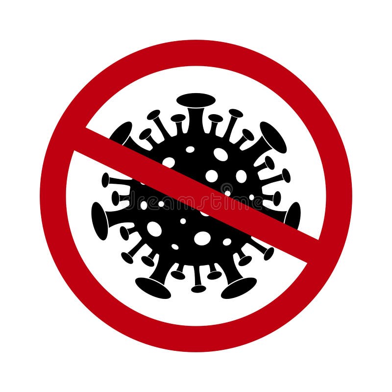 Stop coronavirus icon. Sign of forbidden virus. Black viral microbe in red circle. Quarantine, antiviral concept. Warning, attention epidemic infection symbol. Dangerous bacterium silhouette. vector. Stop coronavirus icon. Sign of forbidden virus. Black viral microbe in red circle. Quarantine, antiviral concept. Warning, attention epidemic infection symbol. Dangerous bacterium silhouette. vector