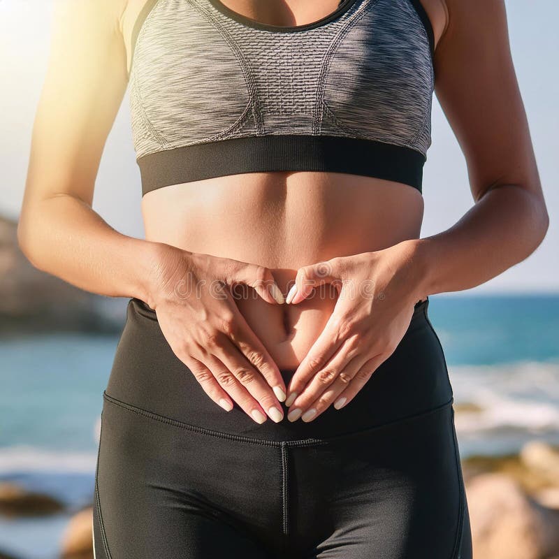 健体减肥食或全身健体的心和手. 特写女性腹部喜欢手指或 向量例证