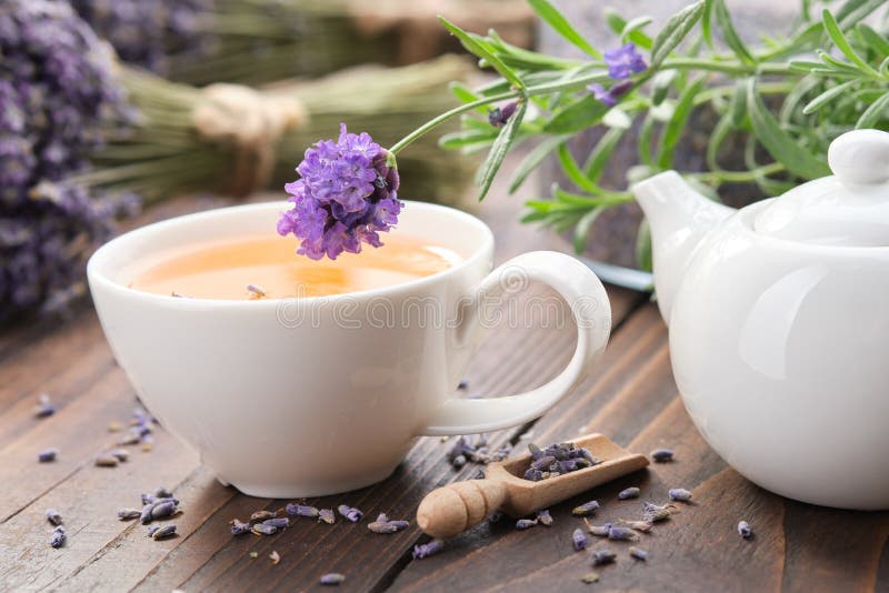 健康薰衣草茶杯茶壶新鲜干薰衣草花桌 库存照片