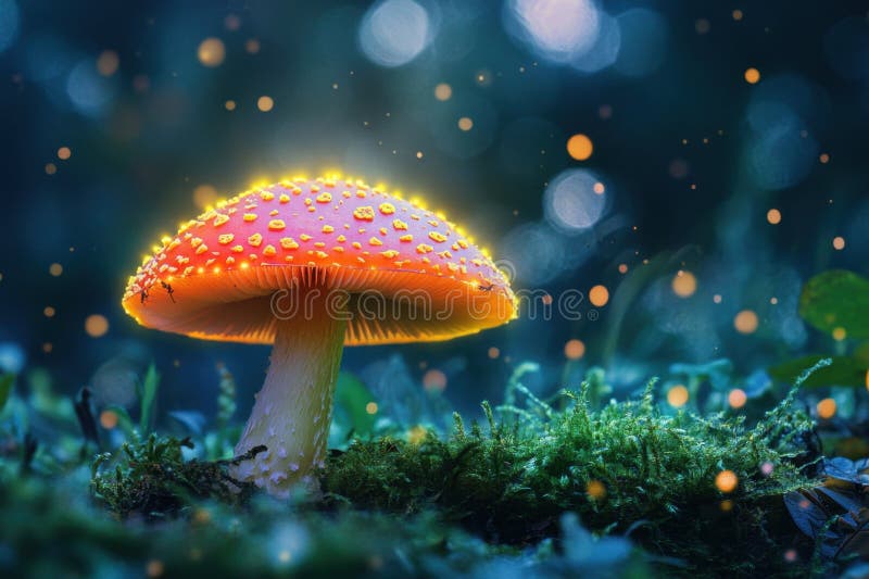 傍晚时分，在花丛中的森林中，花色鲜艳的红蘑菇在花丛中绽放 库存照片