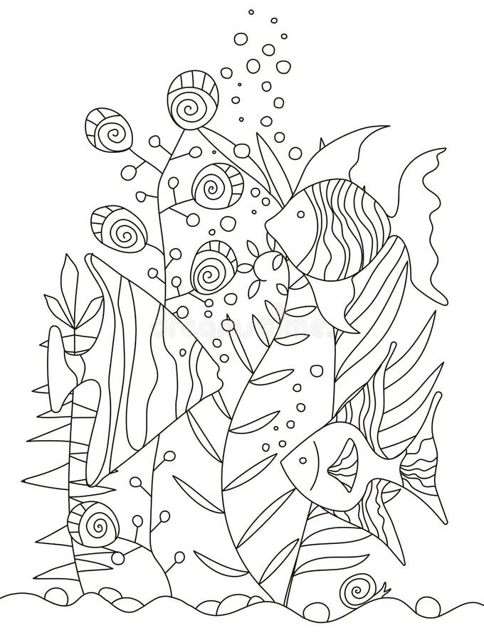 Hand drawing coloring pages for children and adults. A beautiful pattern with small details for creativity. Antistress coloring. Book with tropical fish, algae, ocean, underwater world. Hand drawing coloring pages for children and adults. A beautiful pattern with small details for creativity. Antistress coloring. Book with tropical fish, algae, ocean, underwater world