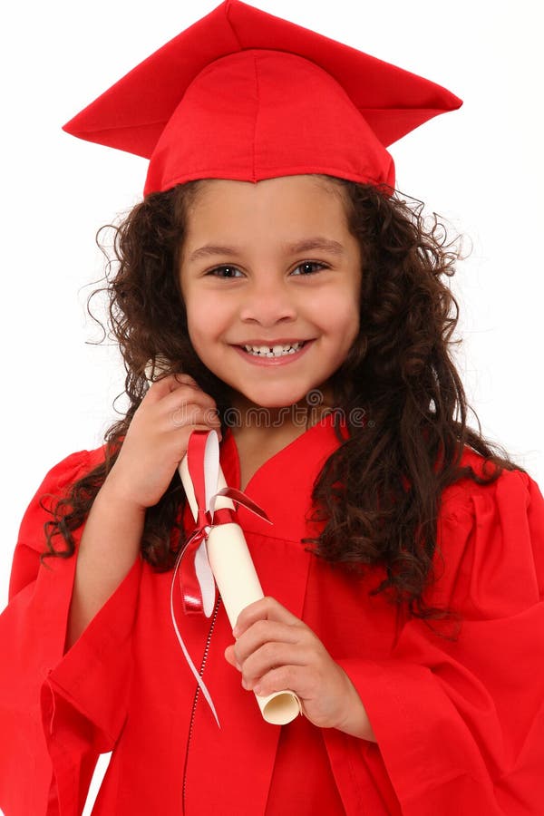 Adorable 4 year old hispanic african american mixed girl in red graduation cap and gown with certificate diploma over white. Adorable 4 year old hispanic african american mixed girl in red graduation cap and gown with certificate diploma over white.