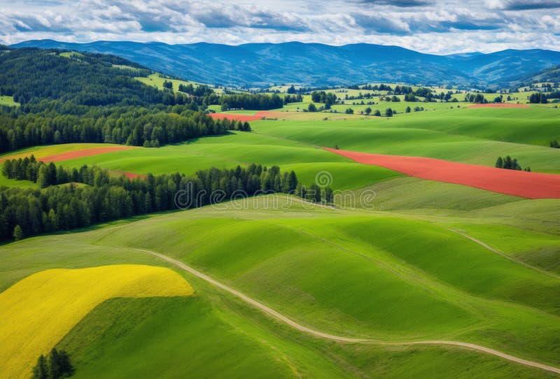 Vibrant drone shot capturing the patchwork of rolling hills and meadows in spring AI generated. Vibrant drone shot capturing the patchwork of rolling hills and meadows in spring AI generated