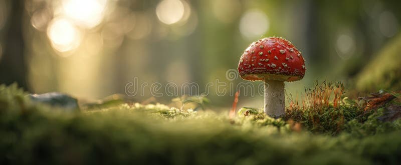 充满活力的红蘑菇在阳光灿烂的森林环境中优雅地站着. AI生成的图像 免版税图库摄影