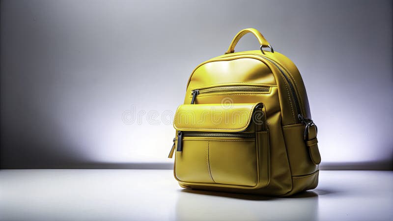 充满活力的黄色皮革背包，时尚耐用，功能齐全，适合日常使用学校或旅行的详细产品 向量例证