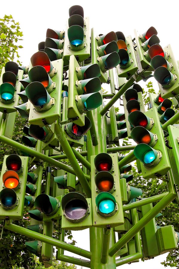 Lot of traffic lights at big pole. Lot of traffic lights at big pole