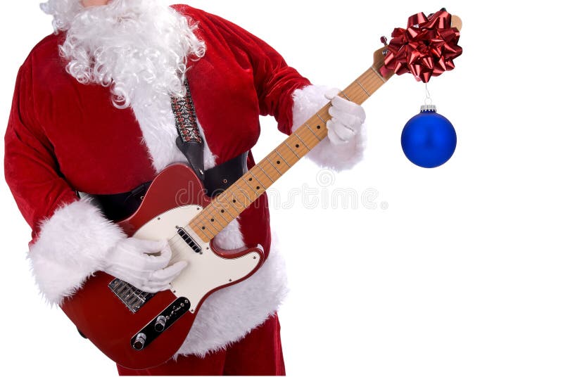 Santa Claus playing a red electric guitar with christmas ornament hanging on it isolated over white. Santa Claus playing a red electric guitar with christmas ornament hanging on it isolated over white