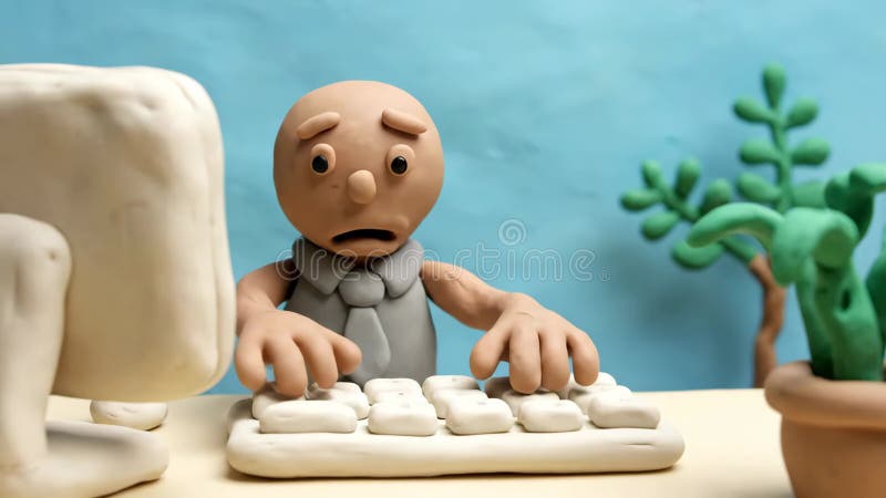 粘土动画展示了一位在白天对着电脑打字的悲伤的办公室职员 向量例证