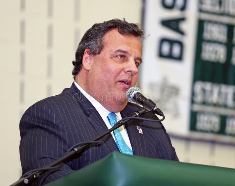 New Jersey Republican governor Chris Christie addresses a large gathering at the Livingston High School Fieldhouse for the First Meeting Day celebratory commemoration of the first meeting of Livingston's town government in April, 1813. Christie, a former Livingston resident, was a catcher on the 1980 state champion baseball team and senior class president. New Jersey Republican governor Chris Christie addresses a large gathering at the Livingston High School Fieldhouse for the First Meeting Day celebratory commemoration of the first meeting of Livingston's town government in April, 1813. Christie, a former Livingston resident, was a catcher on the 1980 state champion baseball team and senior class president.