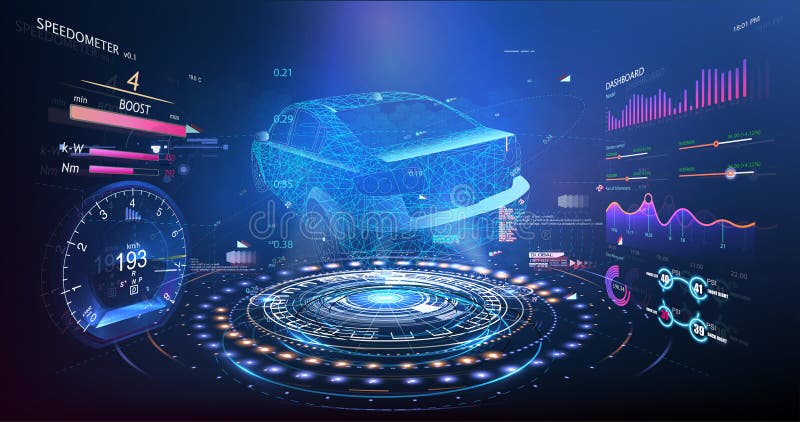 全息图在HUD UI GUI的汽车样式 硬件汽车的诊断情况,扫描 o 库存例证 全息图在HUD UI GUI的汽车样式 硬件汽车的诊断情况,扫描 o 库存例证