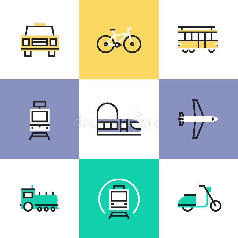 Flat line icons of various city transport, public transportation movement, carriage passenger by rail and air travel. Infographic icons set, logo abstract design pictogram vector concept. Flat line icons of various city transport, public transportation movement, carriage passenger by rail and air travel. Infographic icons set, logo abstract design pictogram vector concept.