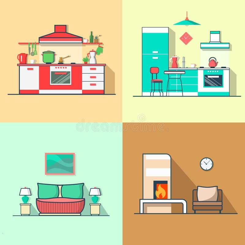 Condo accommodation kitchen bedroom living room interior indoor set. Linear multicolor stroke outline flat style vector icons. Color icon collection. Condo accommodation kitchen bedroom living room interior indoor set. Linear multicolor stroke outline flat style vector icons. Color icon collection.