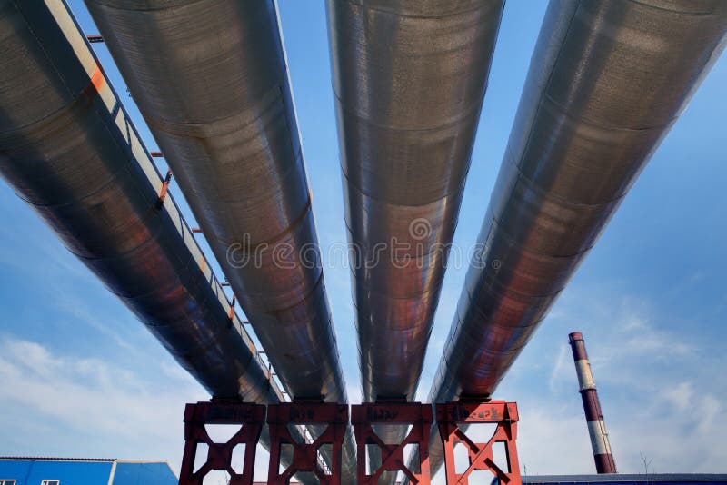 Steel pipes, pipe bridge, overground lines, open heating pipeline. Steel pipes, pipe bridge, overground lines, open heating pipeline.