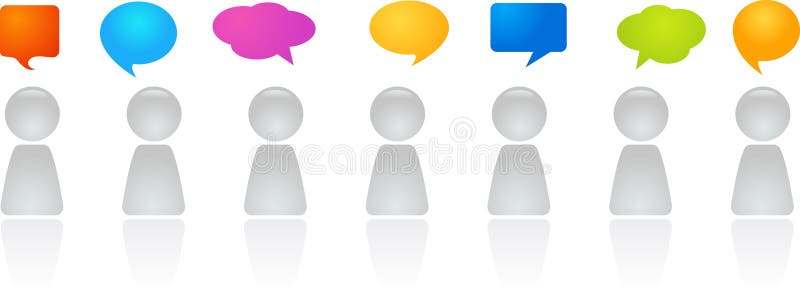 A line of abstract figures with speech bubbles. A line of abstract figures with speech bubbles