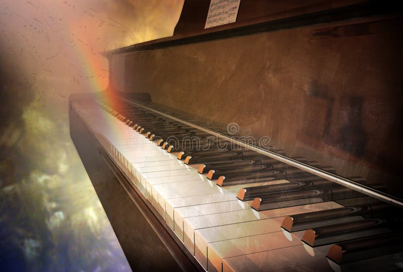 Image of a piano keyboard on a vintage background. A rainbow is created by notes coming out from the keys. Image of a piano keyboard on a vintage background. A rainbow is created by notes coming out from the keys.