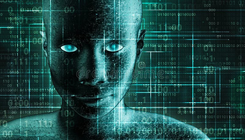 Futuristic and sci-fi human android portrait with pcb metallic skin and binary code green background AI, IT, technology, robotics 向量例证 Futuristic and sci-fi human android portrait with pcb metallic skin and binary code green background AI, IT, technology, robotics 向量例证
