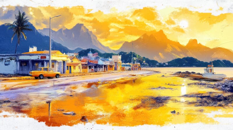 具有丰富细节的柔光乌贼油画美感的加勒比海大气小城 免版税库存照片