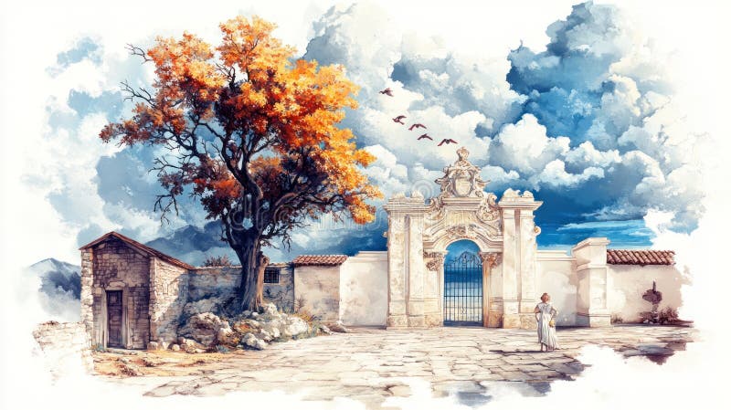 具有丰富细节的柔光乌贼油画美感的加勒比海大气小城 免版税库存图片