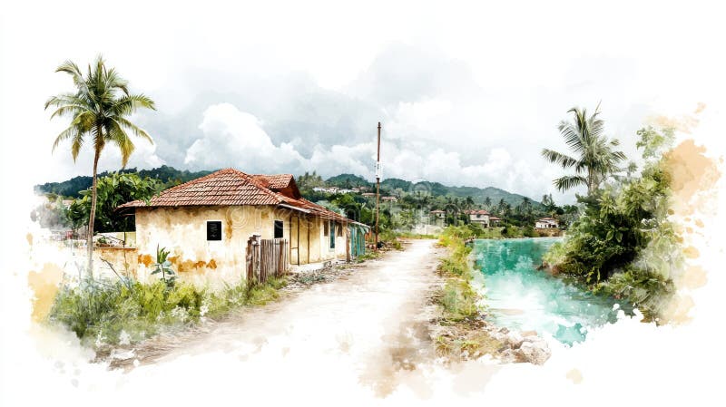 具有丰富细节的柔光乌贼油画美感的加勒比海大气小城 免版税库存照片