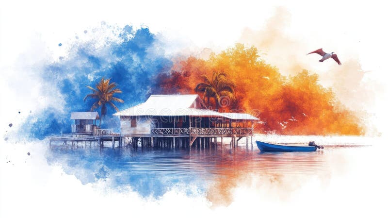 具有丰富细节的柔光乌贼油画美感的加勒比海大气小城 免版税库存图片