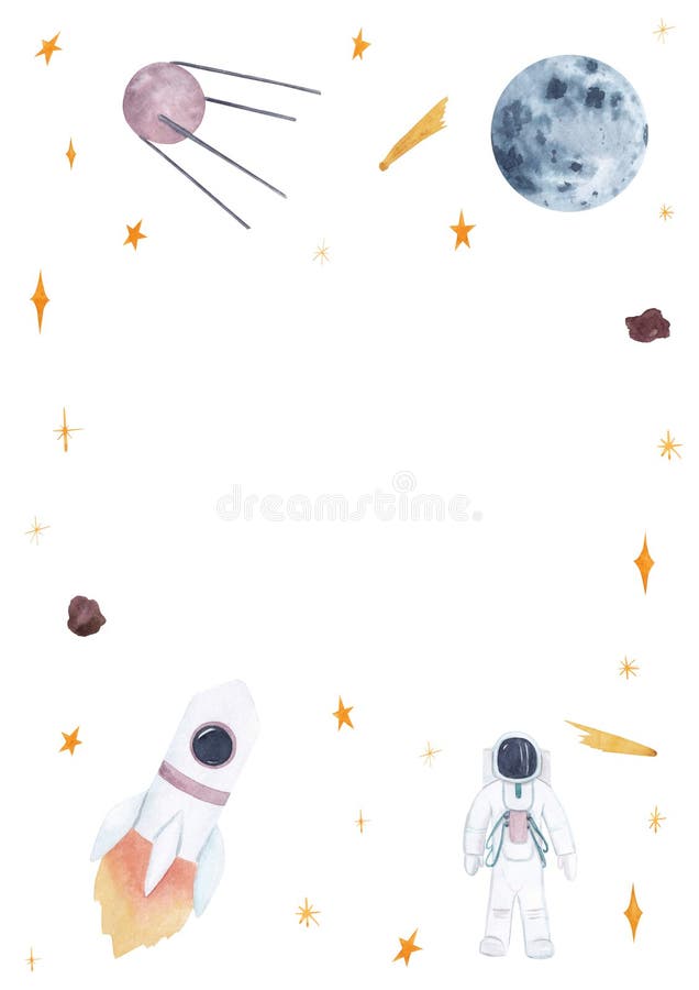 具有复制空间和外空元件的水彩手绘框架、火箭、星、月、宇航员、卫星等 库存照片