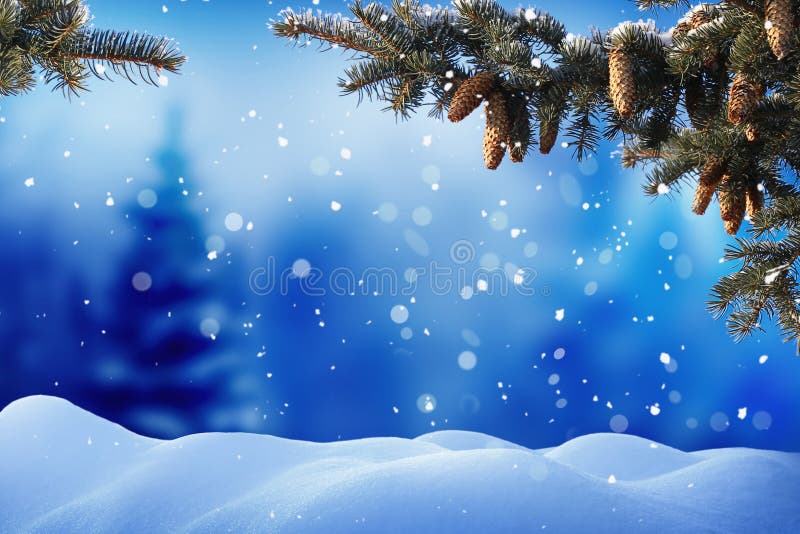 Winter landscape with snow .Christmas background with fir tree branch and cones .Merry Christmas and happy new year greeting card. Winter landscape with snow .Christmas background with fir tree branch and cones .Merry Christmas and happy new year greeting card