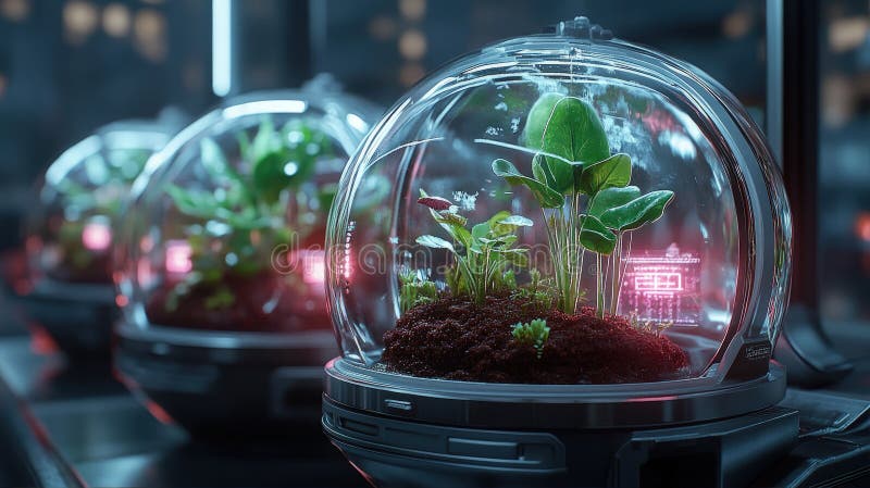 具有照明穹顶的未来植物孵化系统 免版税库存图片