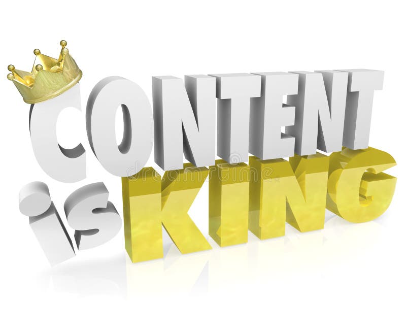 Content is King words in 3D letters with gold crown to illustrate the value of important documents and information in a website or online destination. Content is King words in 3D letters with gold crown to illustrate the value of important documents and information in a website or online destination