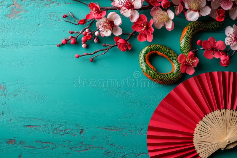 农历新年的背景是中国折叠纸扇樱和蓝色的绿色蛇 库存图片