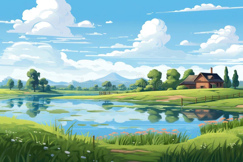 农场全景,宁静的池塘图. 生殖 向量例证