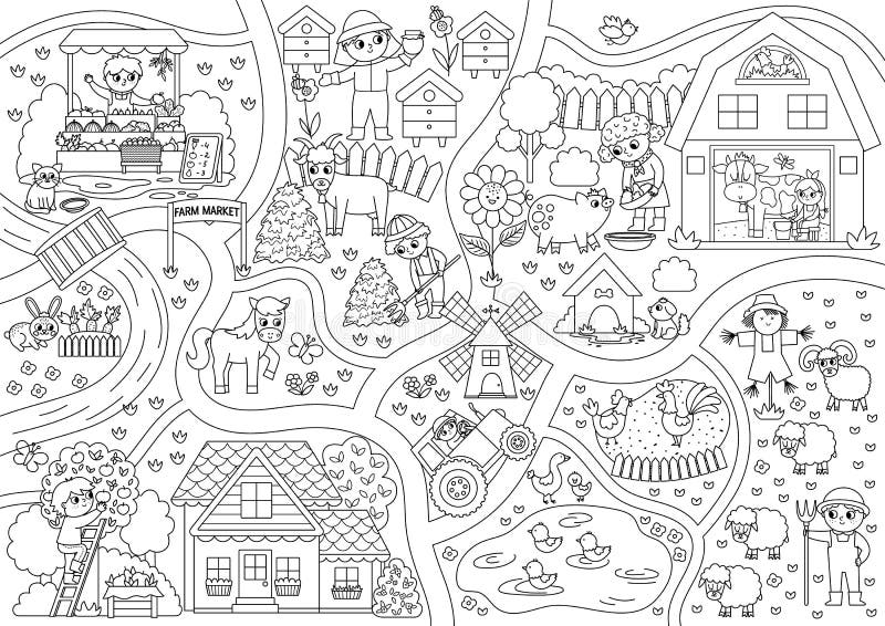 农场黑白乡村地图. 国家生活大纲背景. 矢量图农村场景. 皇族释放例证