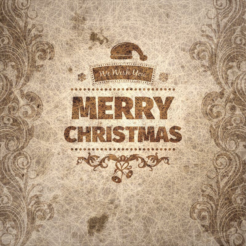 Grange wrinkled scratched old-looking Christmas card on aged paper with classic victorian swirl element on both sides with merry christmas greeting in the middle. Grange wrinkled scratched old-looking Christmas card on aged paper with classic victorian swirl element on both sides with merry christmas greeting in the middle