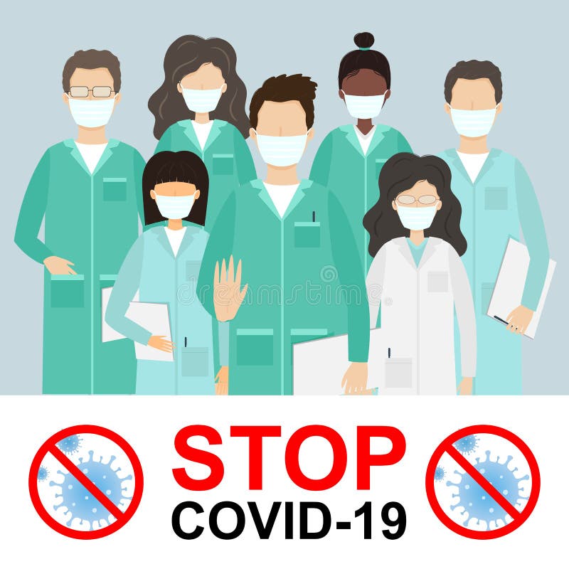 冠状病毒COVID-19 医用面罩中医生角色的矢量平面图 向量例证 冠状病毒COVID-19 医用面罩中医生角色的矢量平面图 向量例证