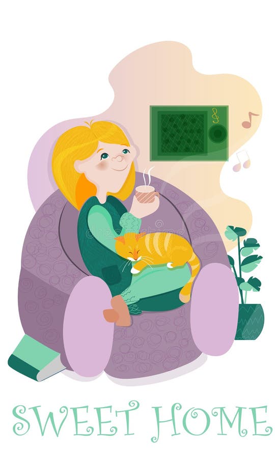 The house is cozy and safe during isolation. The girl listens to the radio and drinks tea, and her red cat sleeps on her lap.Vector illustration in flat style. The house is cozy and safe during isolation. The girl listens to the radio and drinks tea, and her red cat sleeps on her lap.Vector illustration in flat style