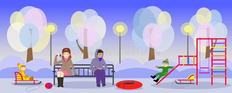 冬天公园和母亲有孩子的操场的 库存例证