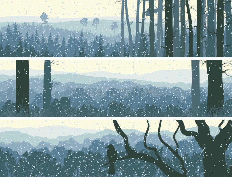 Horizontal abstract banners of winter snowfall in hills forest in blue tone. Horizontal abstract banners of winter snowfall in hills forest in blue tone.