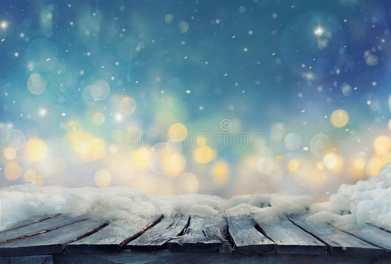 Winter design. Christmas background with Frozen wooden table with bokeh. Snow and ice on wooden table with. Bokeh blurred background. Winter design. Christmas background with Frozen wooden table with bokeh. Snow and ice on wooden table with. Bokeh blurred background