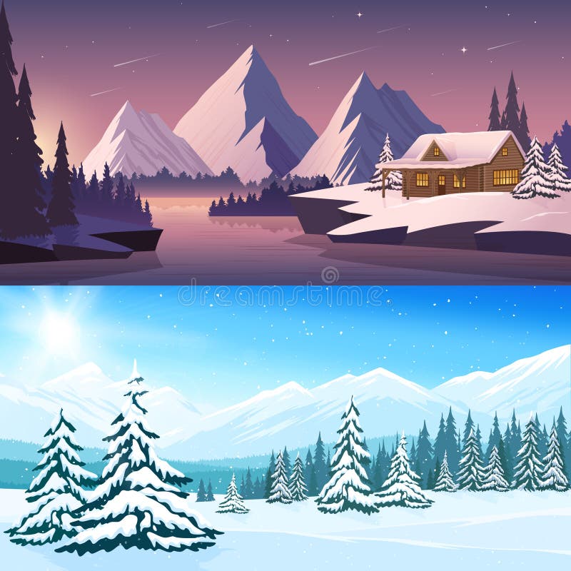 Winter landscape horizontal banners with house river mountains and trees in the day and night time vector illustration. Winter landscape horizontal banners with house river mountains and trees in the day and night time vector illustration