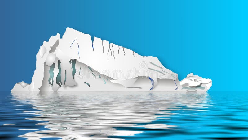 An illustration of an iceberg drifting down from up north with the reflection in the water. An illustration of an iceberg drifting down from up north with the reflection in the water