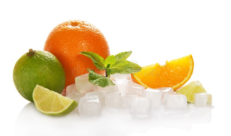 Oranges, limes, mint, cubes of ice and slices citrus, isolated on white. Oranges, limes, mint, cubes of ice and slices citrus, isolated on white