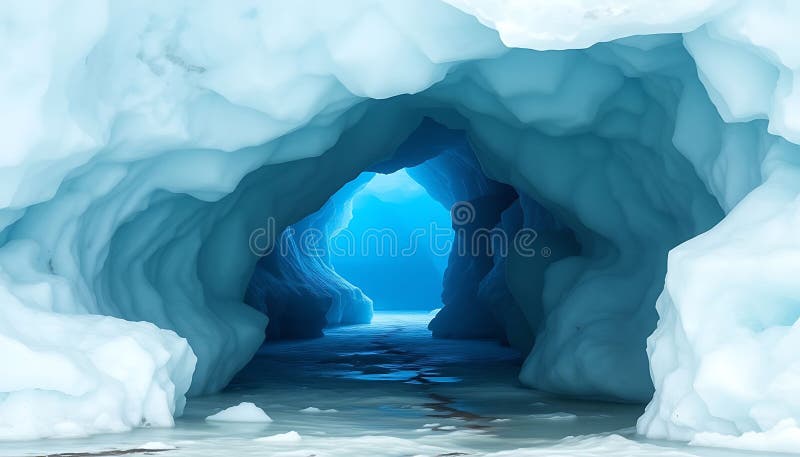 冰洞内蓝冷冰隧道抽象的自然冬季景观. 股票照片生成AI 皇族释放例证