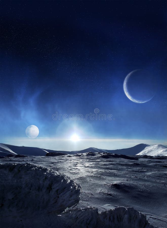 Extraterrestrial scenery of icy planet with two moons on its sky. Extraterrestrial scenery of icy planet with two moons on its sky