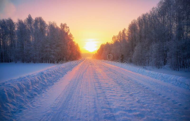 凌晨太阳在雪下西伯利亚农村空路 免版税库存图片