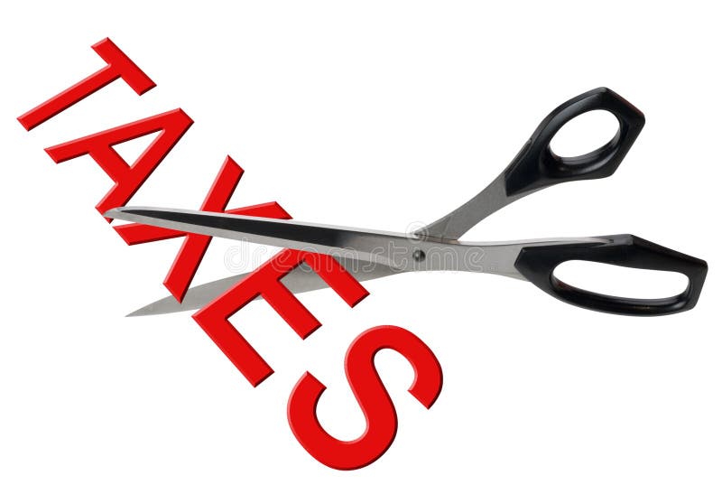 Scissors cutting through the word taxes, a metaphor for bringing more money back to the people. Scissors cutting through the word taxes, a metaphor for bringing more money back to the people