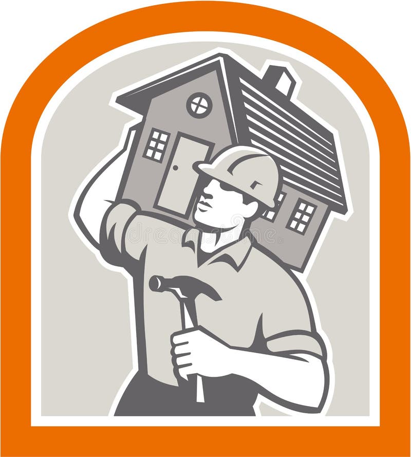 Illustration of a builder construction worker with hammer carrying house on shoulder set inside shield done in retro style. Illustration of a builder construction worker with hammer carrying house on shoulder set inside shield done in retro style.