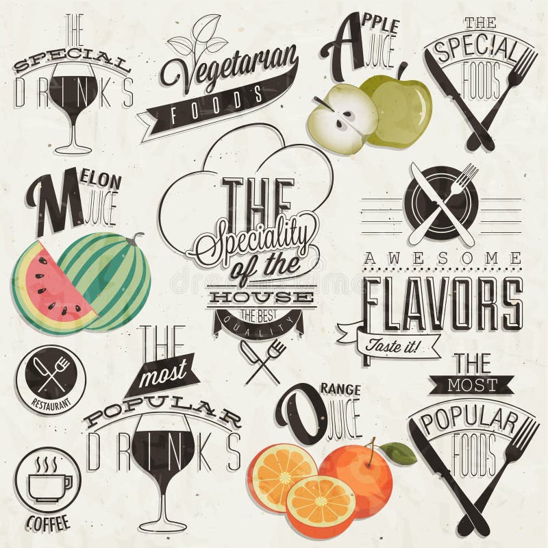 Set of Calligraphic titles and symbols for restaurant. Hand lettering restaurant menu design. Orange, melon and apple illustrations. Fast Food. Vector. Set of Calligraphic titles and symbols for restaurant. Hand lettering restaurant menu design. Orange, melon and apple illustrations. Fast Food. Vector