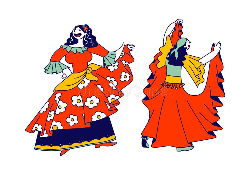 几位美丽的吉普赛女性，穿着色彩鲜艳的衣服，披肩和珠宝舞，表演动感的舞蹈