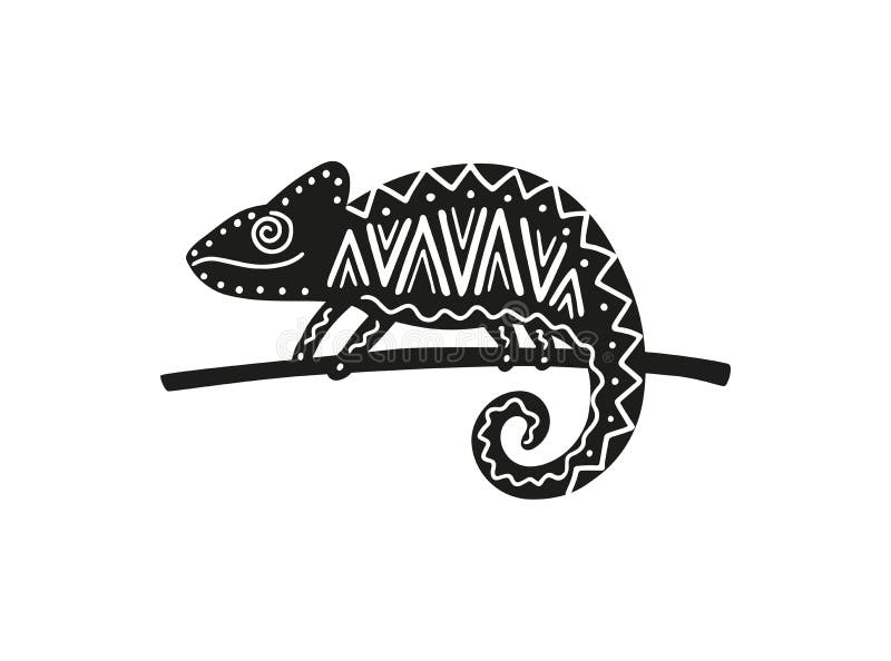 Black silhouette of chameleon with geometric white tribal decor, vector illustration isolated on white background. Monochrome decorative lizard for tattoo and prints. Black silhouette of chameleon with geometric white tribal decor, vector illustration isolated on white background. Monochrome decorative lizard for tattoo and prints.