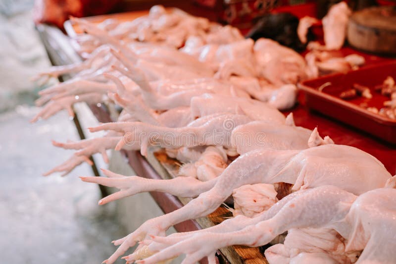 Several chickens that have been skinned and ready to be sold to customers at the Warung Jambu traditional market, Indonesia. Bogor, 6 April 2024. Several chickens that have been skinned and ready to be sold to customers at the Warung Jambu traditional market, Indonesia. Bogor, 6 April 2024