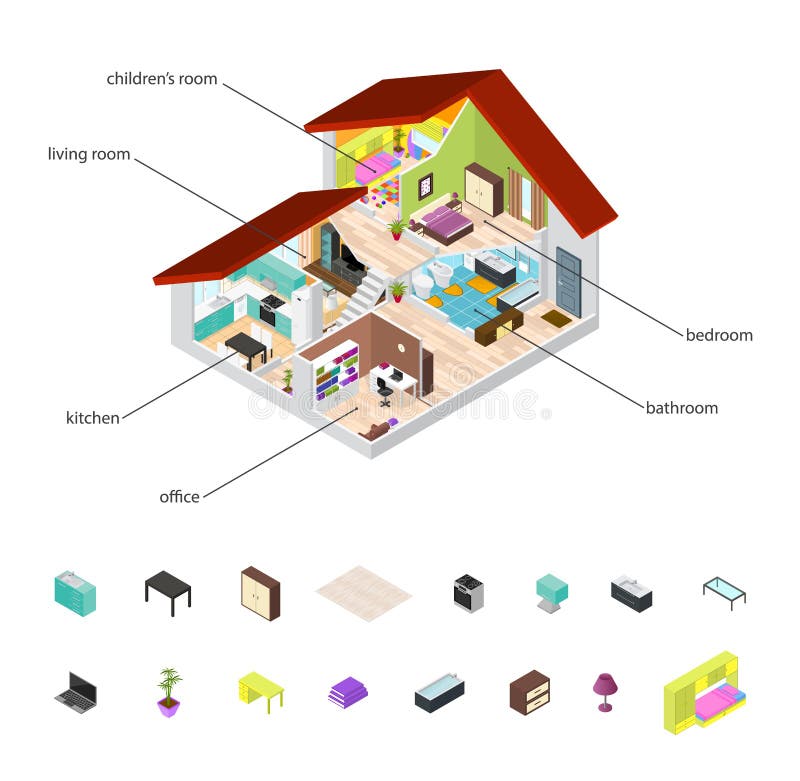 House in Cutaway and Element Set Isometric View Basic Room of Apartment, Section Building with Furniture. Vector illustration. House in Cutaway and Element Set Isometric View Basic Room of Apartment, Section Building with Furniture. Vector illustration